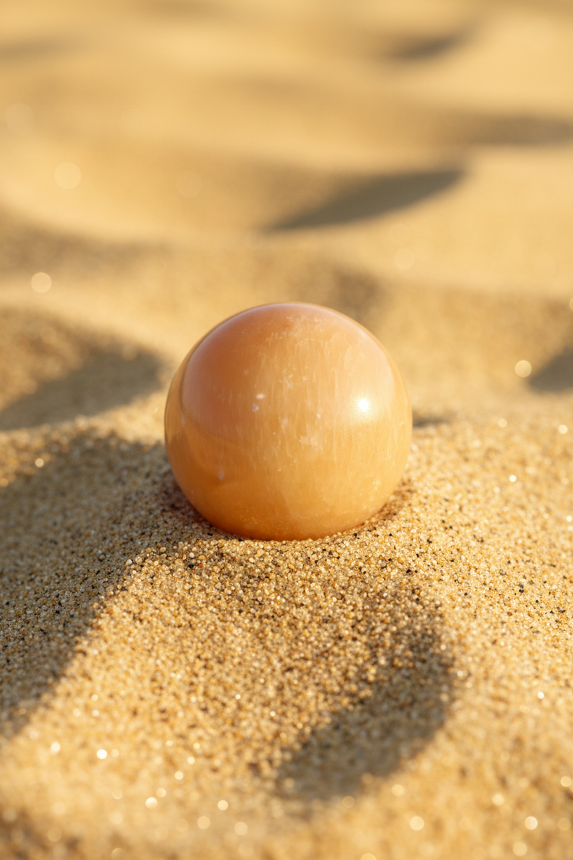Orange calcite sphere in sand