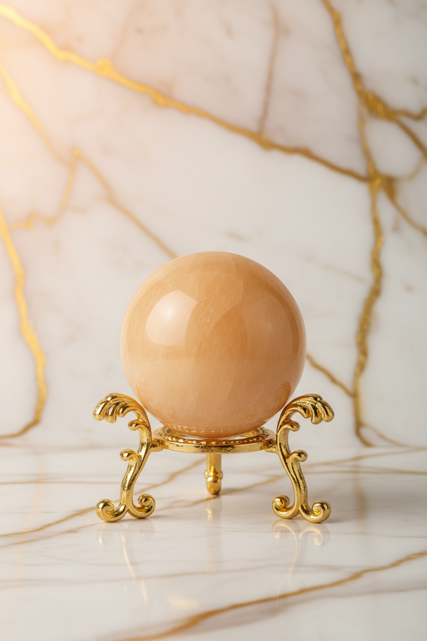 Orange calcite sphere on golden stand