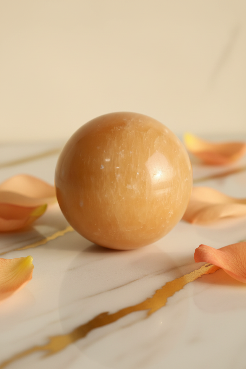 Orange calcite sphere with flowers
