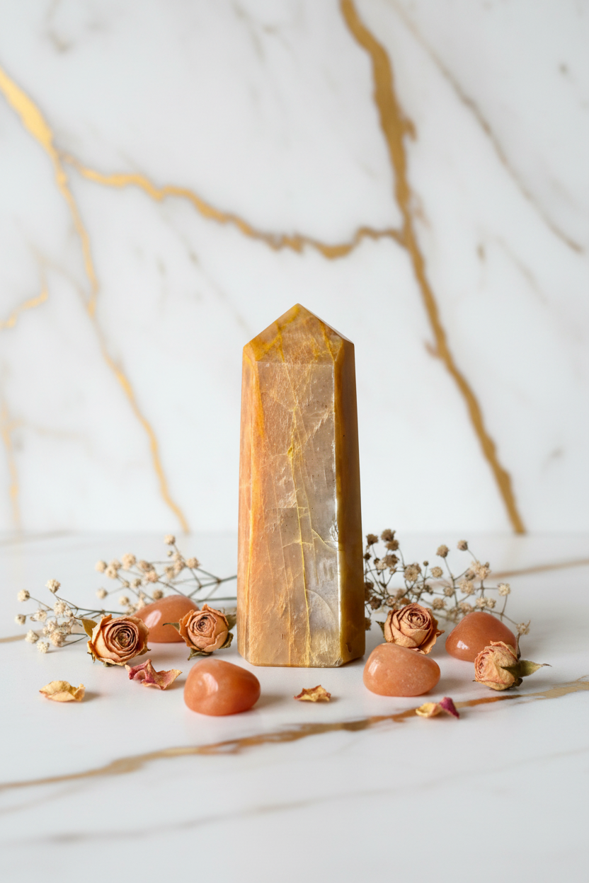 Orange moonstone obelisk with stones