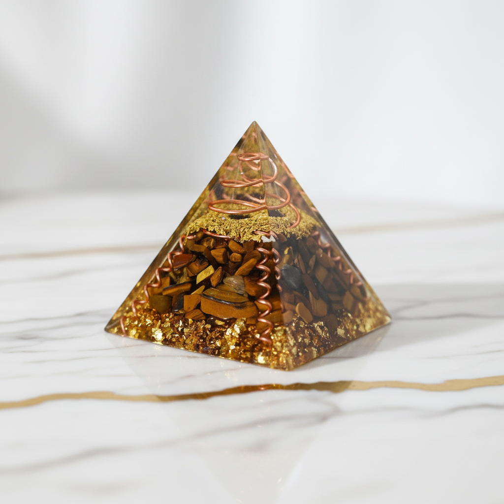 Orgonit-Pyramide Tigerauge Kupfer auf Marmor 1