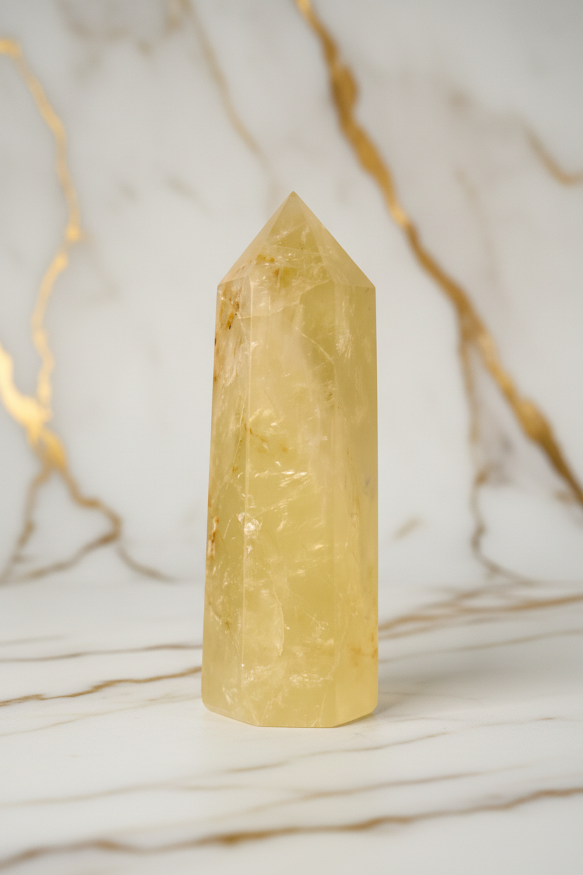 Pale honey citrine obelisk on marble