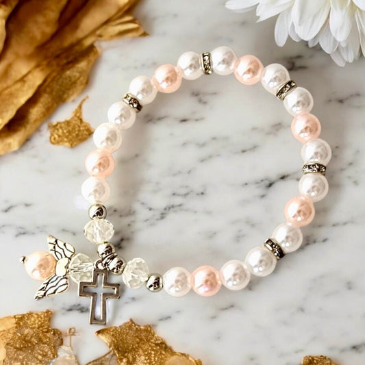 Perlenarmband mit Engel Silber/ Rosa - CrystalScents