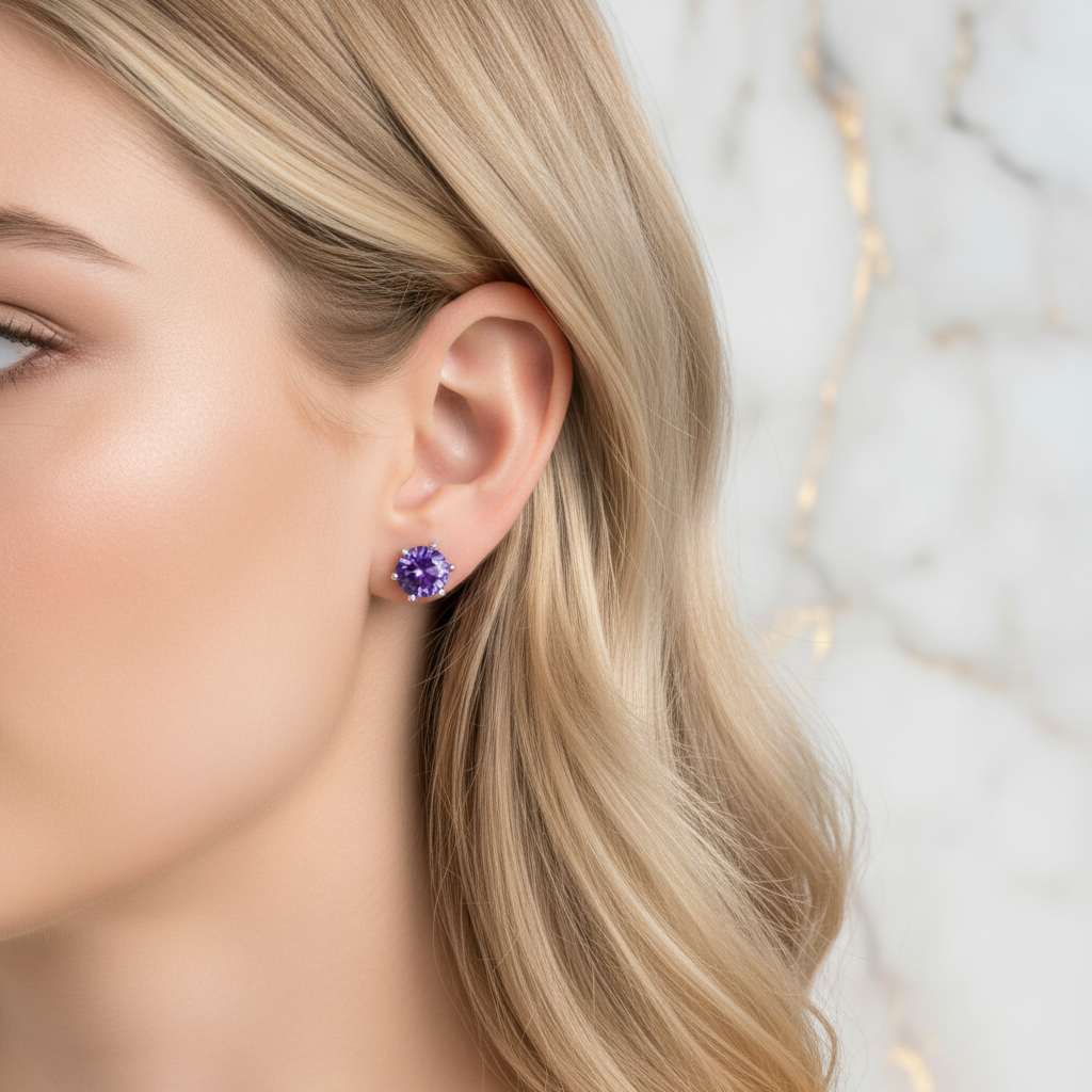 Purple Amethyst Stud Earrings - Blonde Woman, Different Hairstyle
