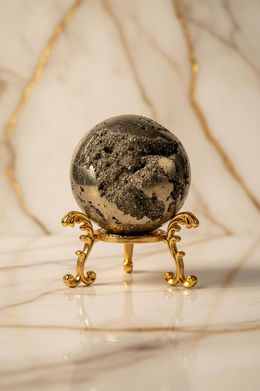 Pyrite sphere on golden stand