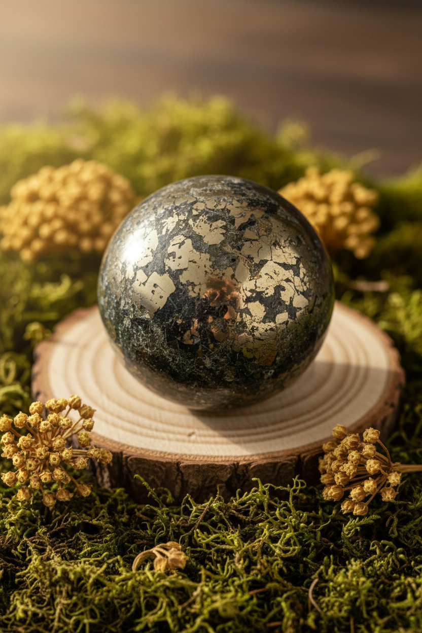 Pyrite sphere on wooden slice