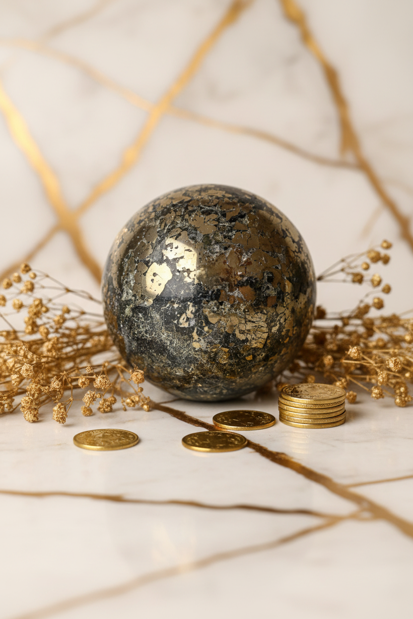 Pyrite sphere with golden flowers