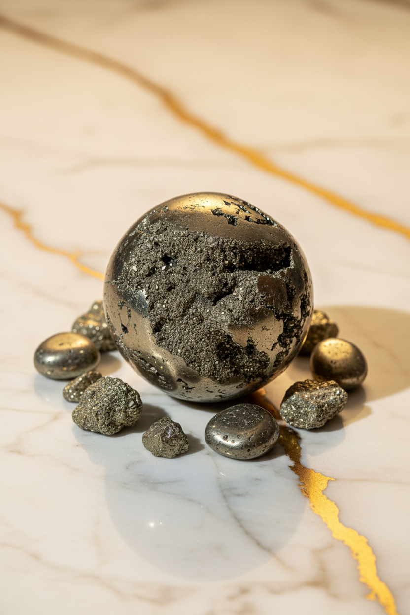 Pyrite sphere with tumbled stones