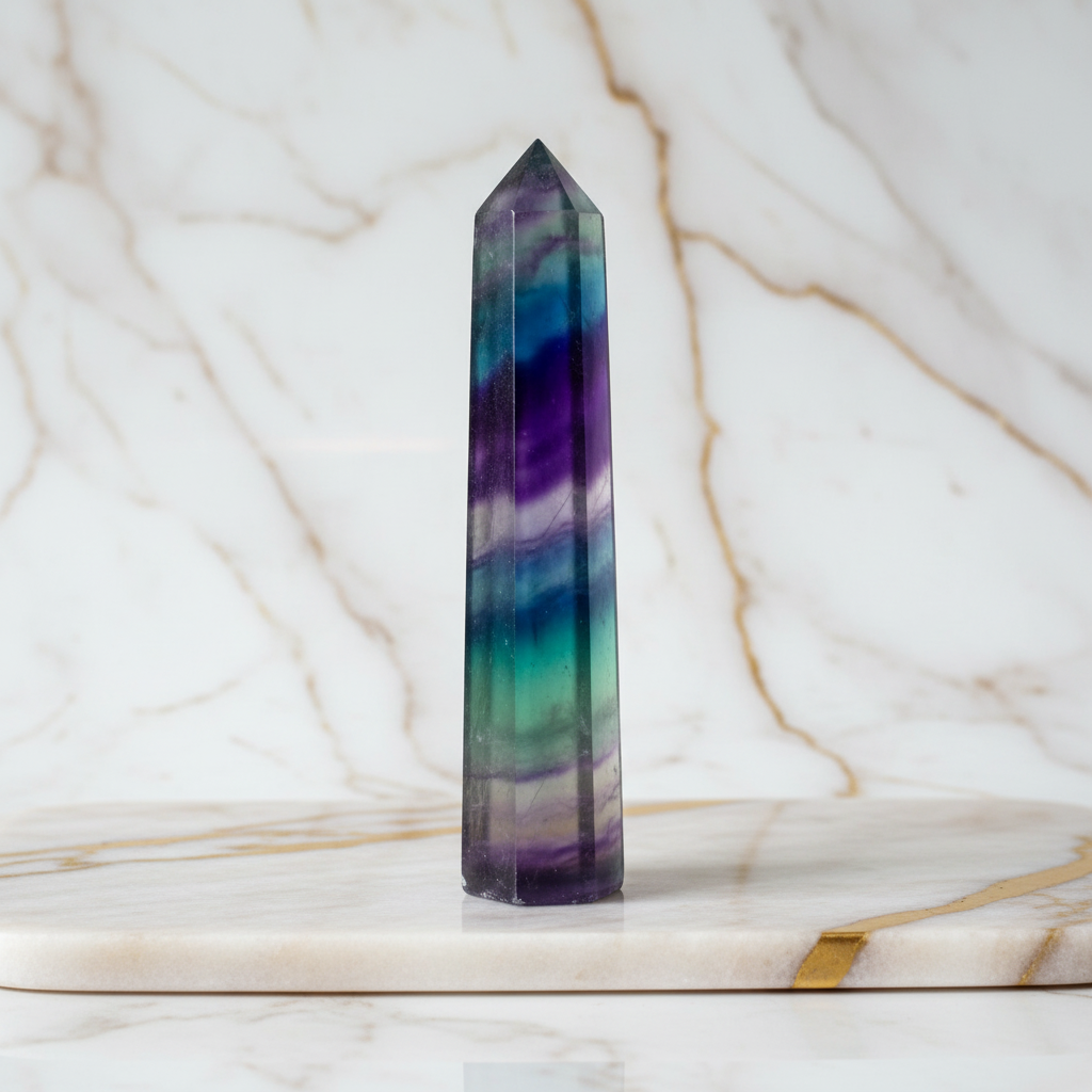 Regenbogen Fluorit Obelisk auf Marmorplatte - Dreiviertelansicht links