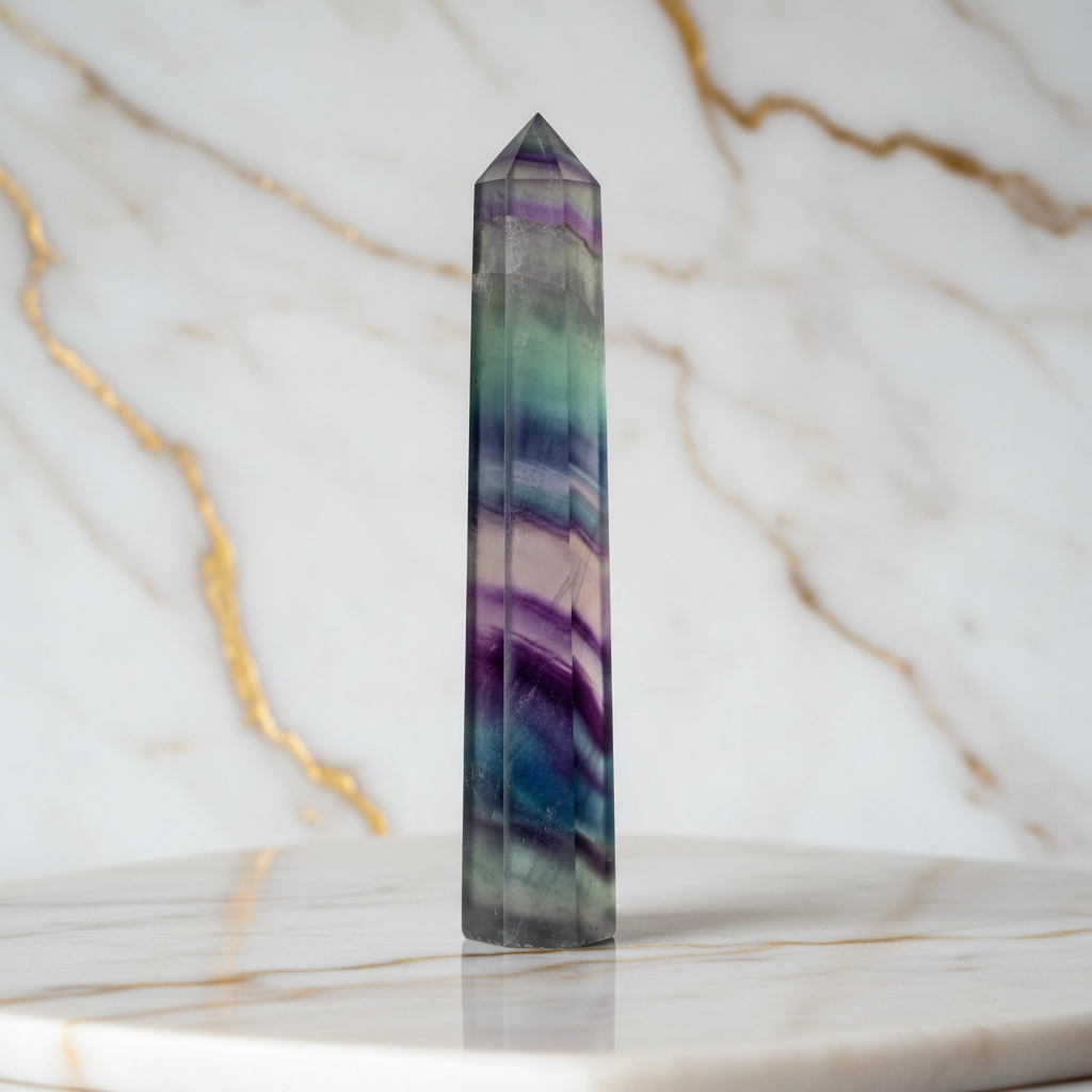 Regenbogen Fluorit Obelisk auf Marmorplatte - Dreiviertelansicht links