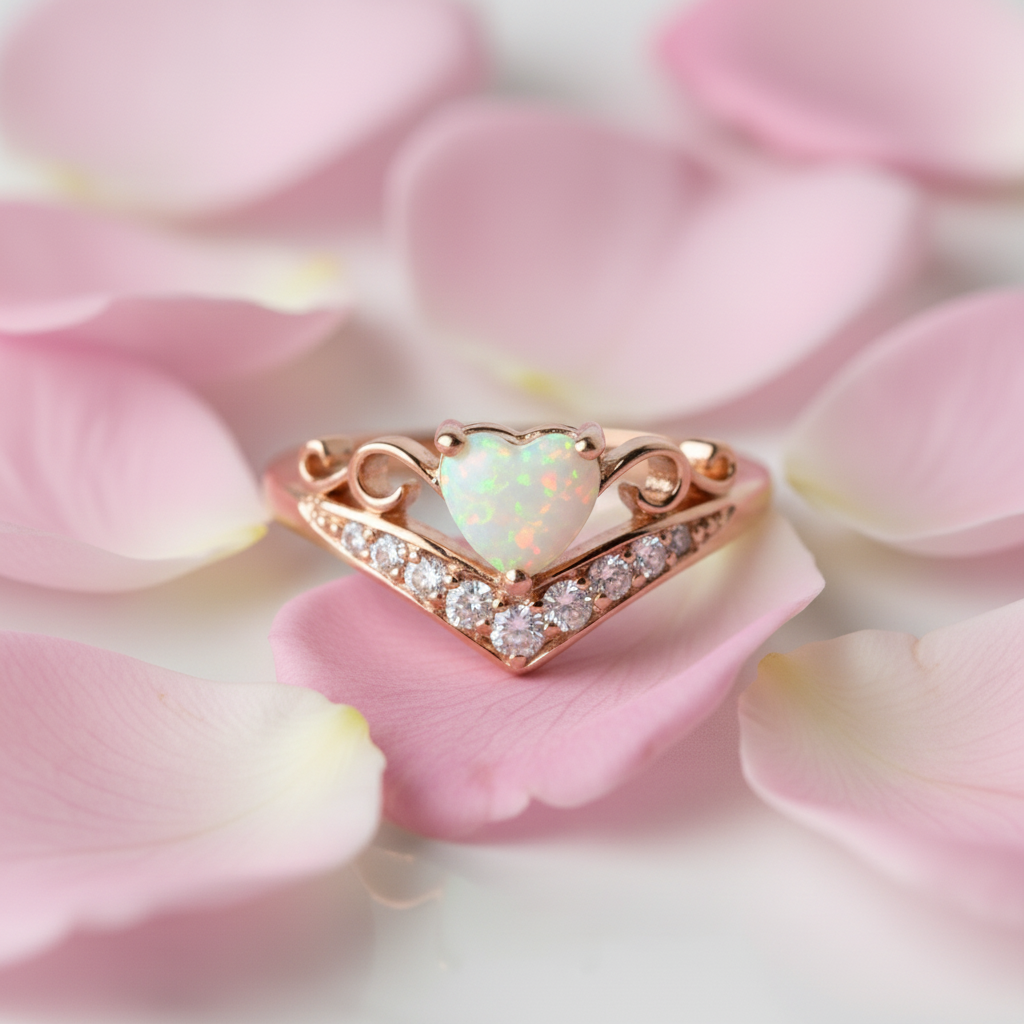 Roségold Herz-Opal Ring mit rosa Rosenblüten - Nahaufnahme