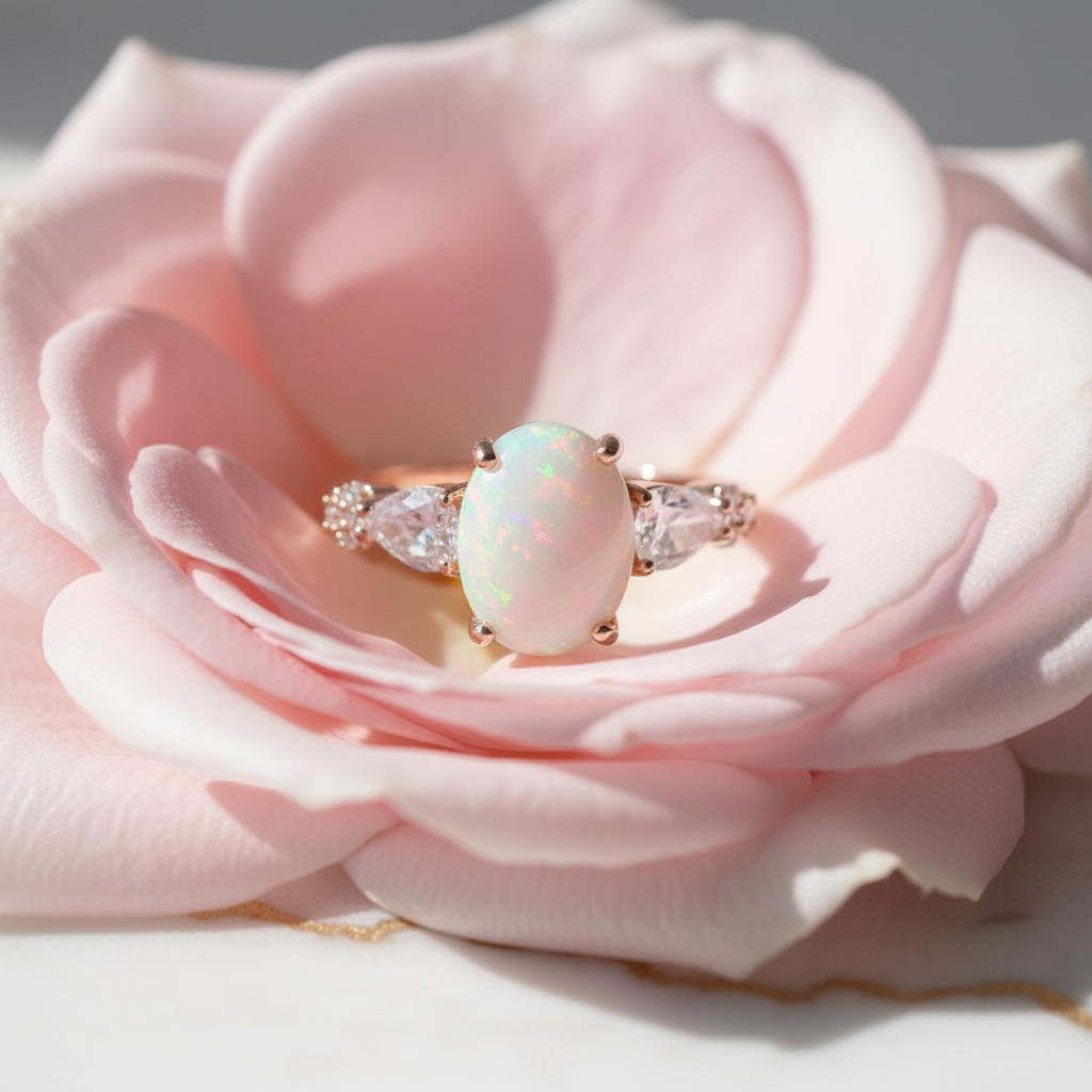 Roségold Opal Ring mit blush Rosenblüten - Nahaufnahme