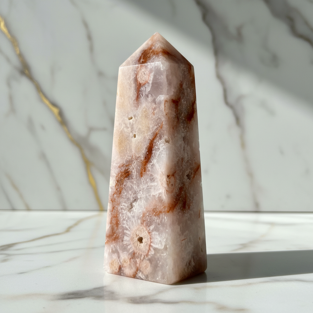 Rosa Amethyst Obelisk auf Marmor 4