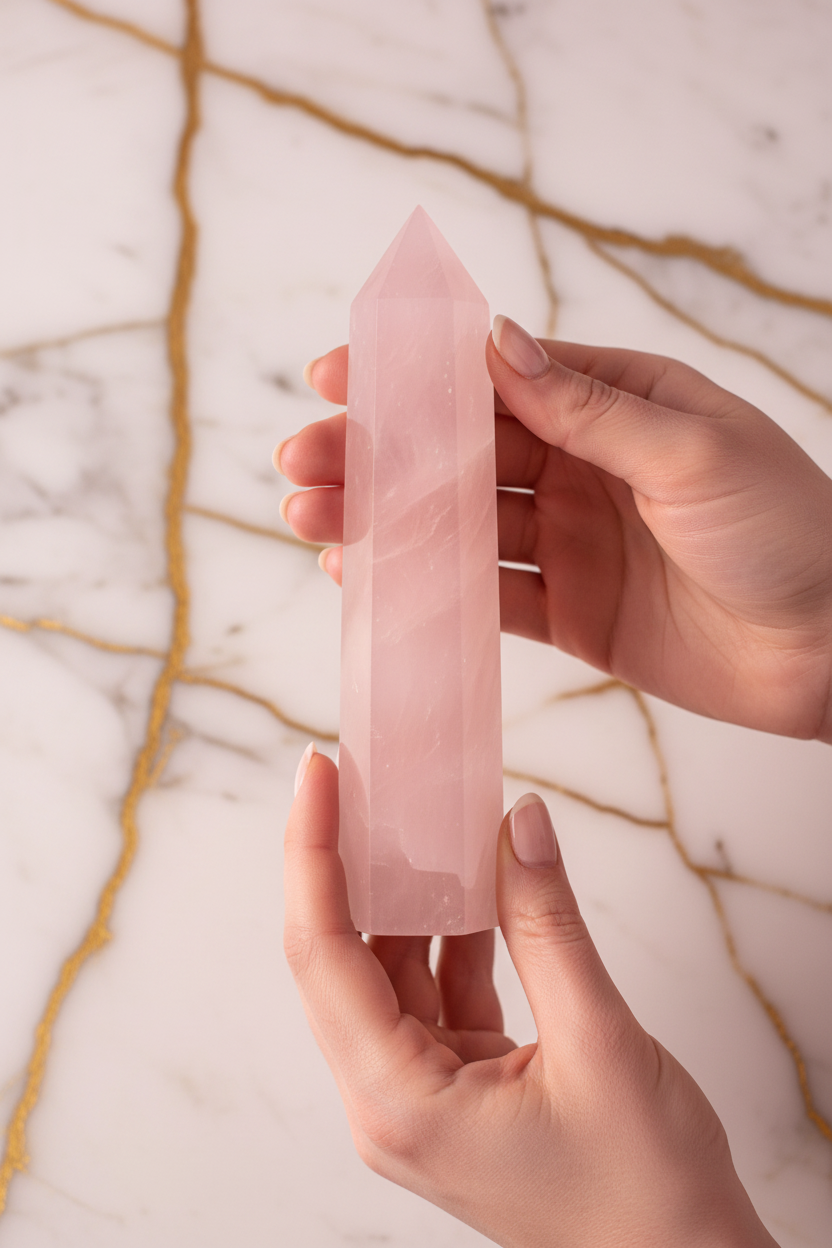 Rose quartz obelisk in hands