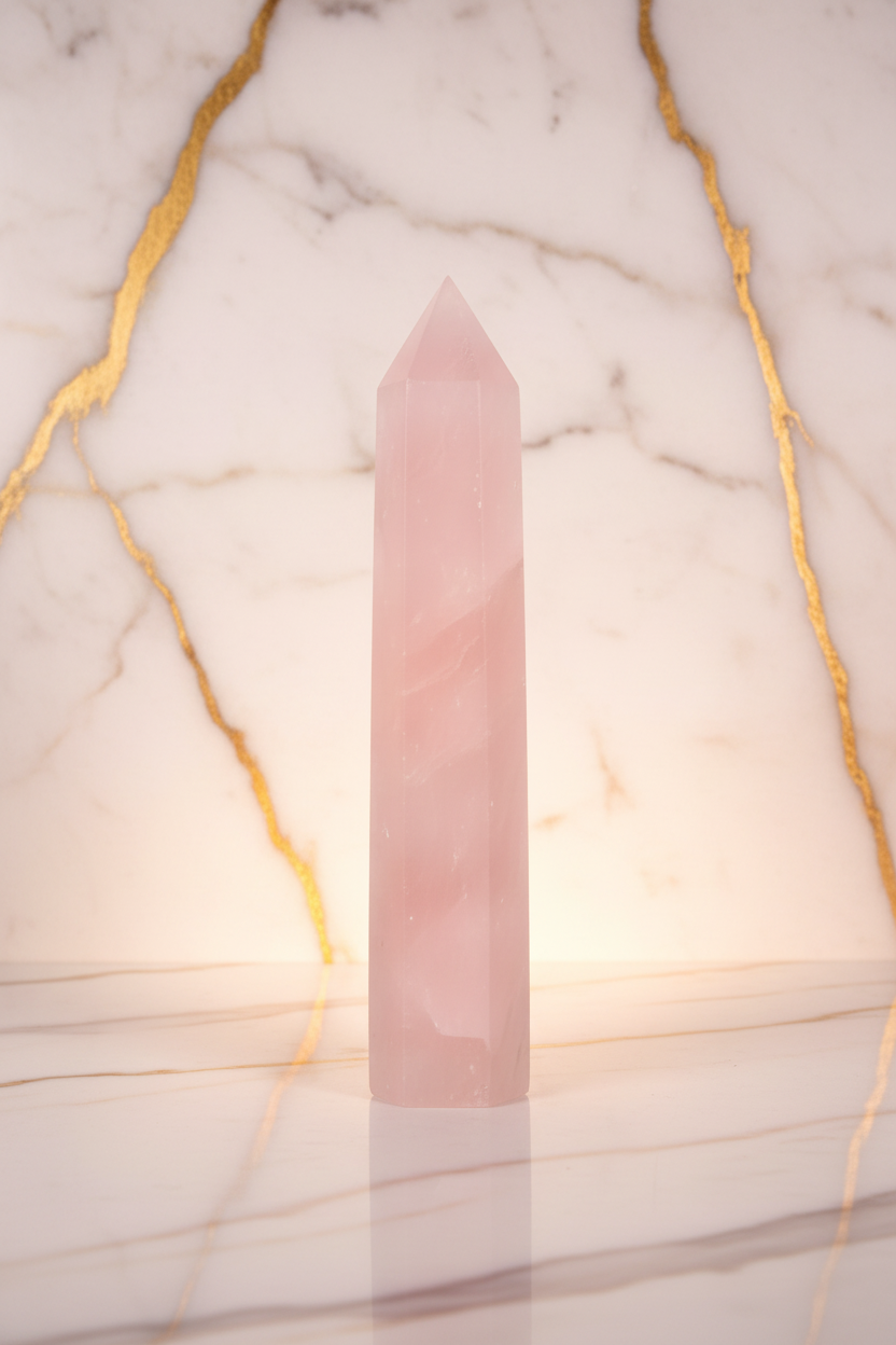 Rose quartz obelisk on marble