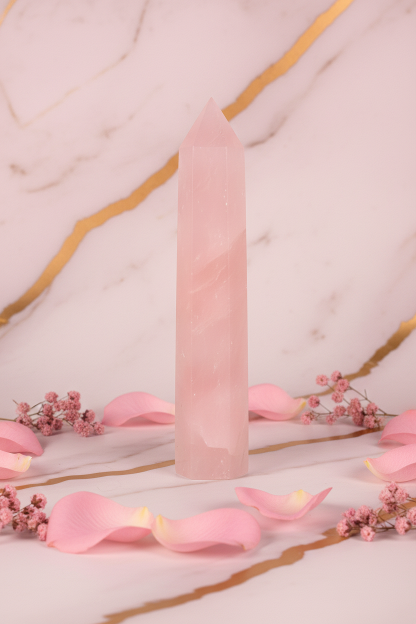 Rose quartz obelisk with rose petals