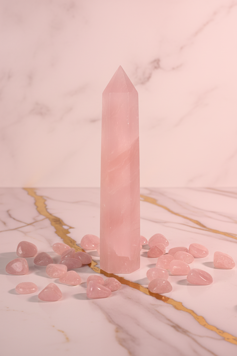 Rose quartz obelisk with tumbled stones