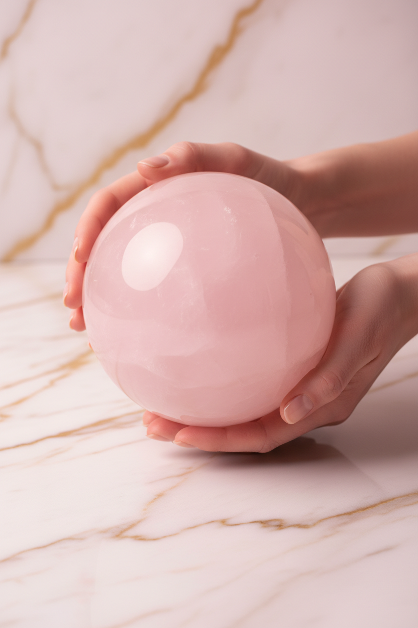 Rose quartz sphere in hands