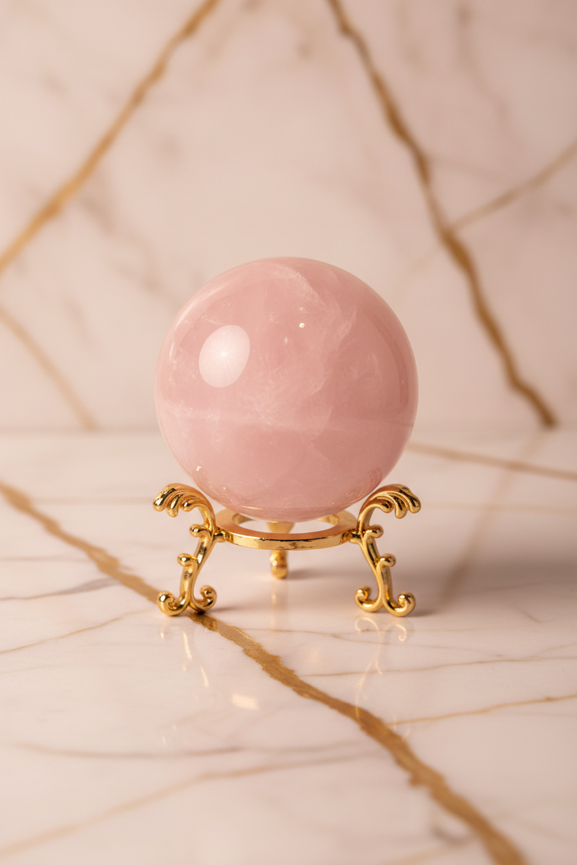 Rose quartz sphere on golden stand