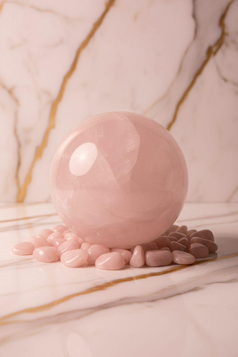Rose quartz sphere with tumbled stones