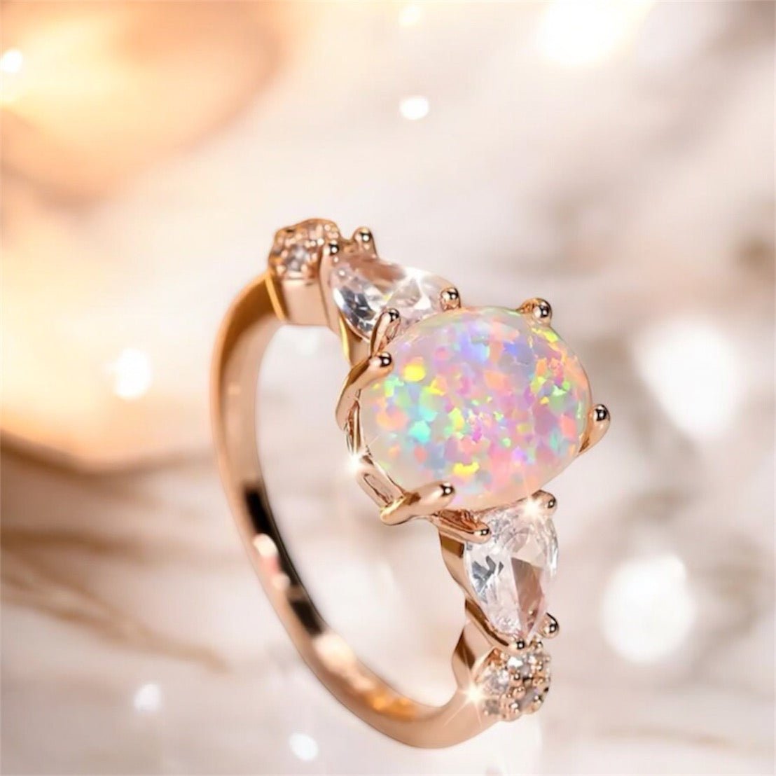 Roségoldener funkelnder Ring mit ovalem Opal - CrystalScents