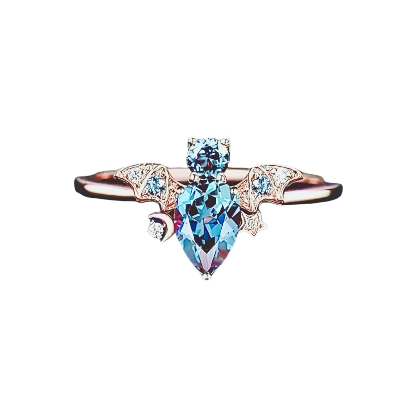 Roségoldener Ring mit funkelnden blauen Zirkonia „Fledermaus“ - CrystalScents