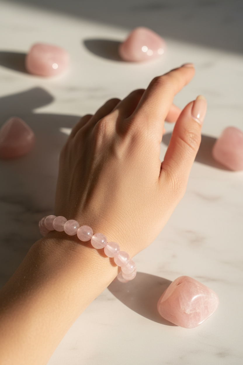 Rosenquarz Armband Hand realistisch