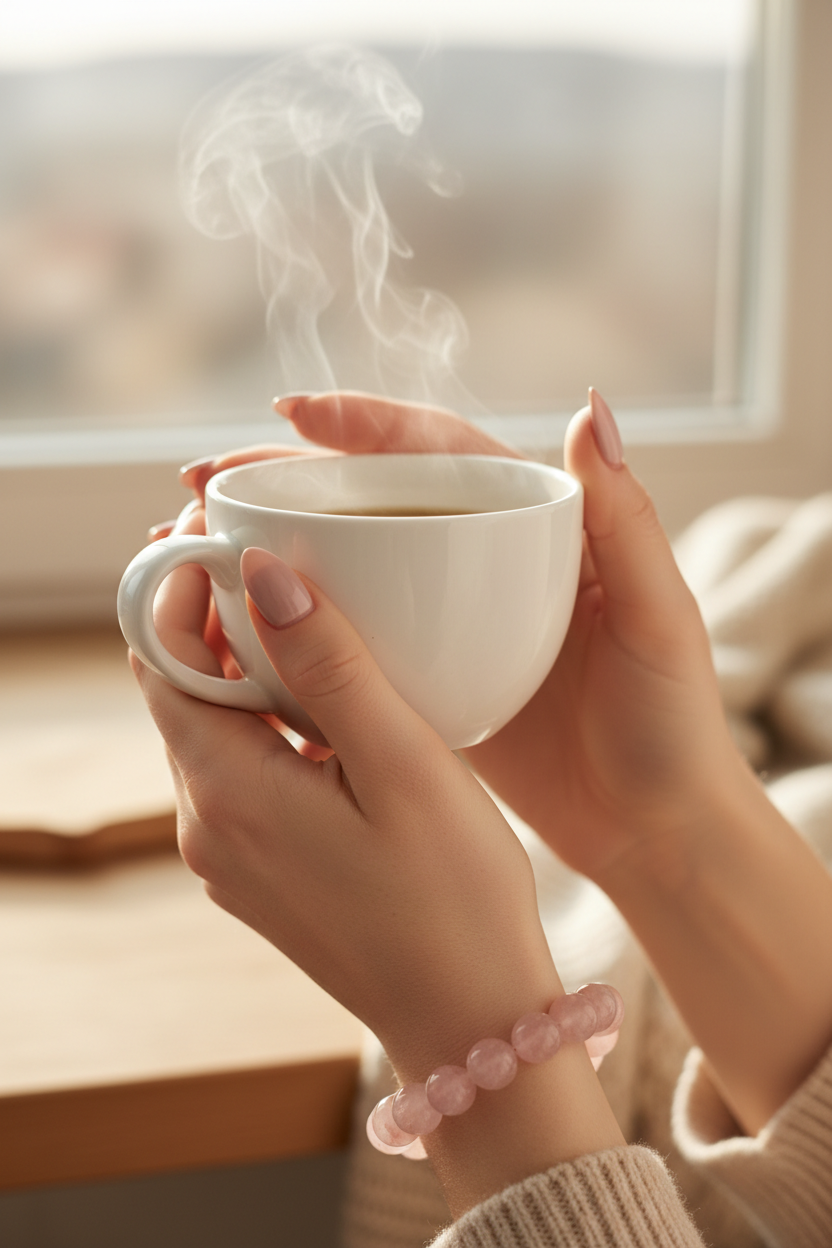 Rosenquarz-Armband mit Kaffeetasse
