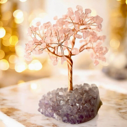 Rosenquarz Baum auf Amethystdruse - CrystalScents