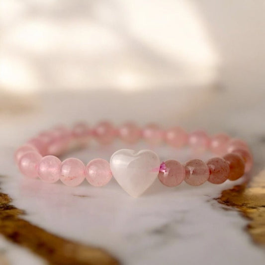 Rosenquarz Kugelarmband mit Herz - CrystalScents