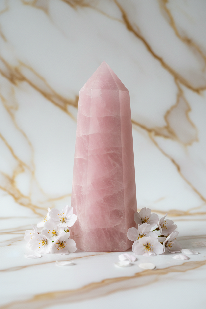 Rosenquarz Obelisk Kirschblüten