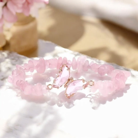Rosenquarz Splitterarmband mit Schmetterling - CrystalScents