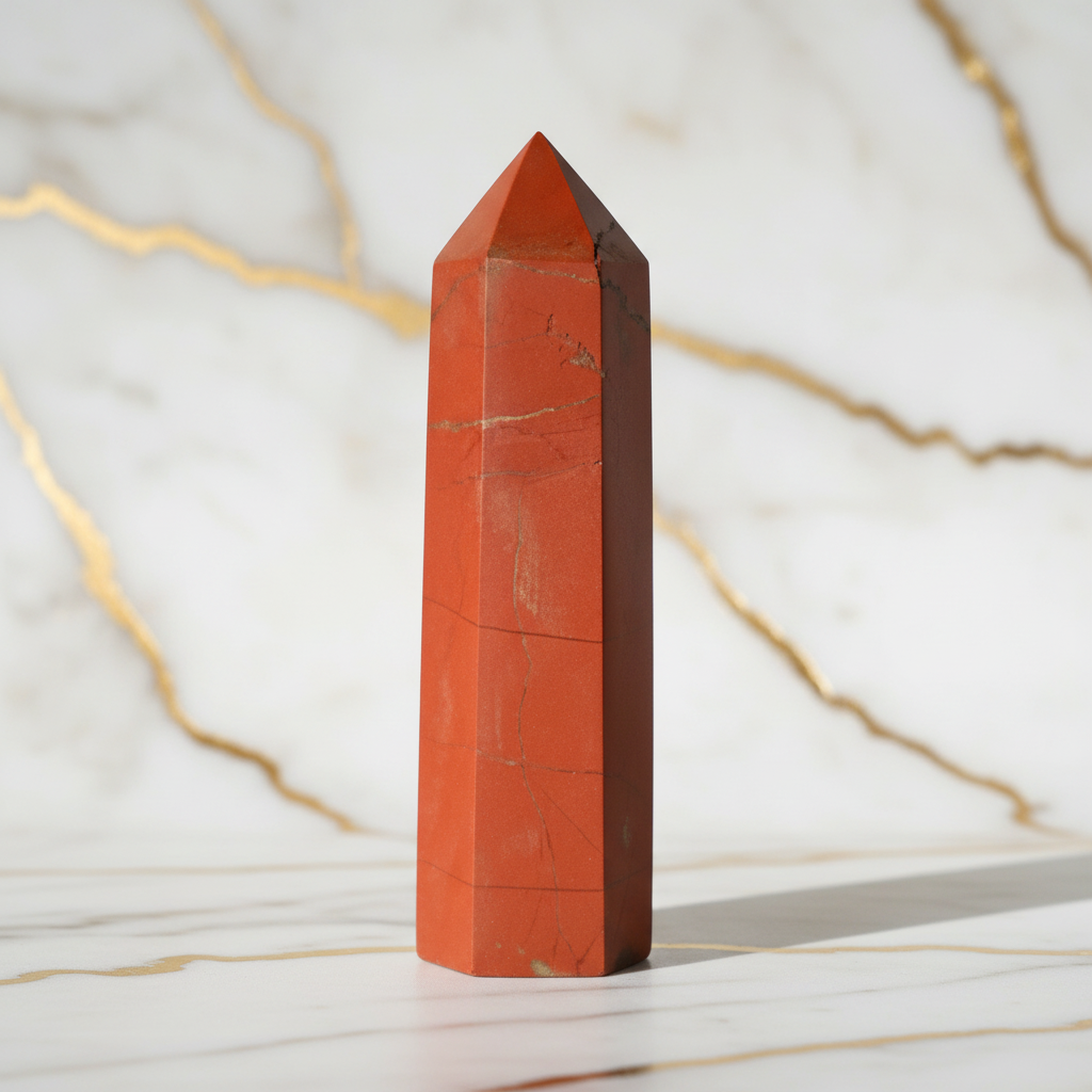 Rot-oranger Jaspis Obelisk auf Marmor 4