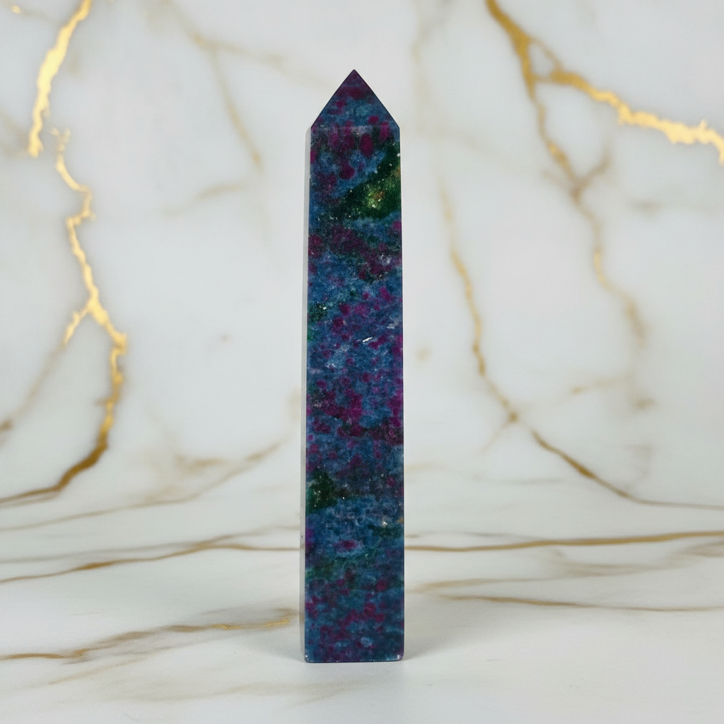 Rubin-Cyanit Obelisk auf Marmor - Frontalansicht