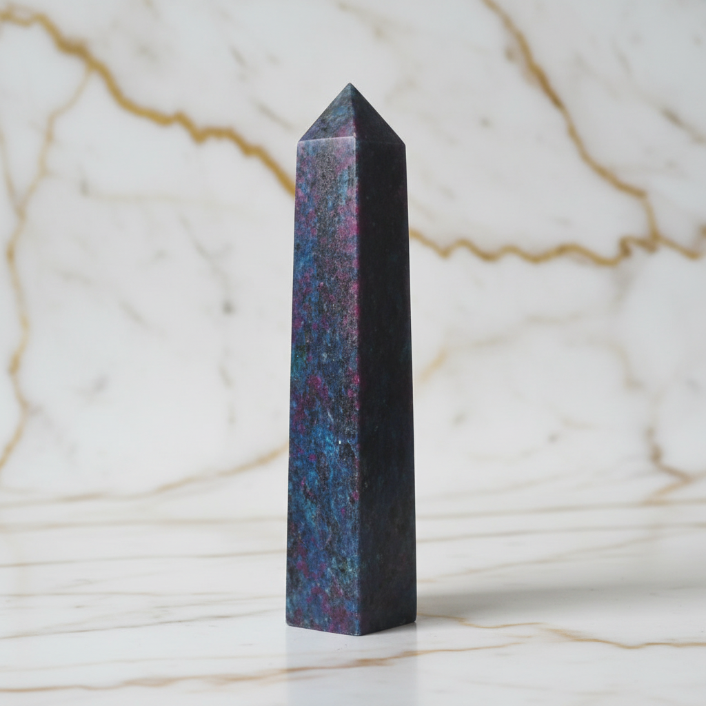 Rubin-Cyanit Obelisk auf Marmor - Frontalansicht