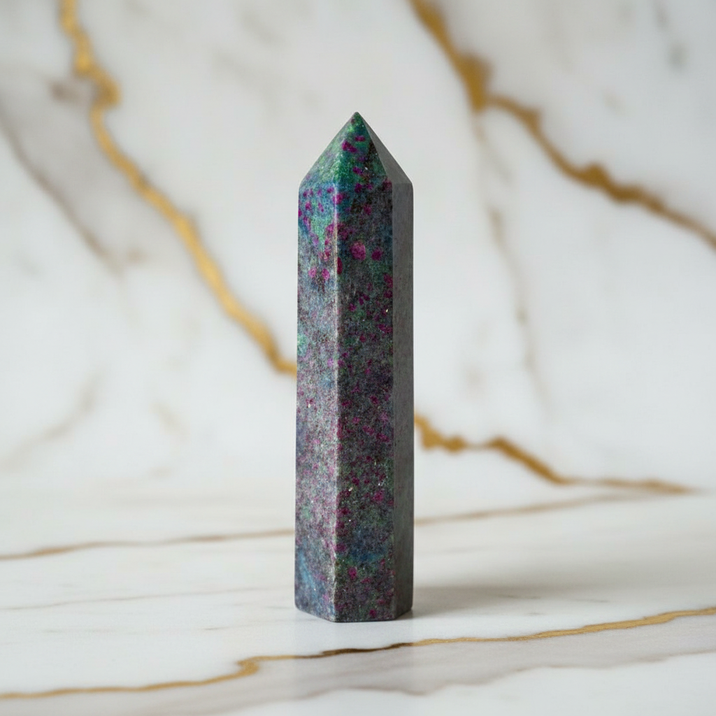 Rubin-Cyanit Obelisk auf Marmor - Nahaufnahme Details