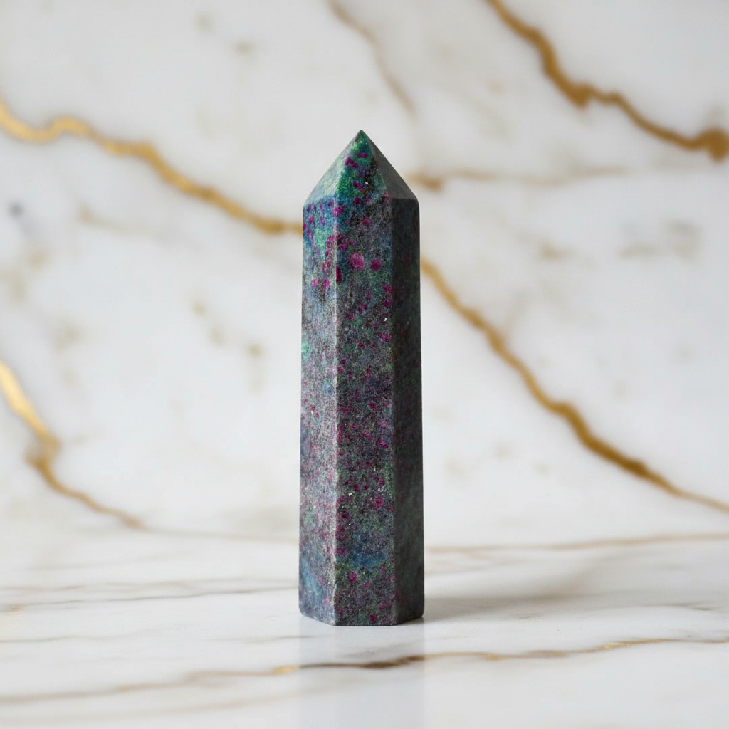 Rubin-Cyanit Obelisk auf Marmor - Seitenprofil