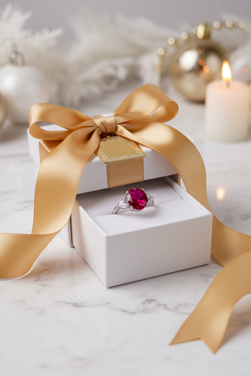 Rubin-Ring in geöffneter weißer Geschenkbox