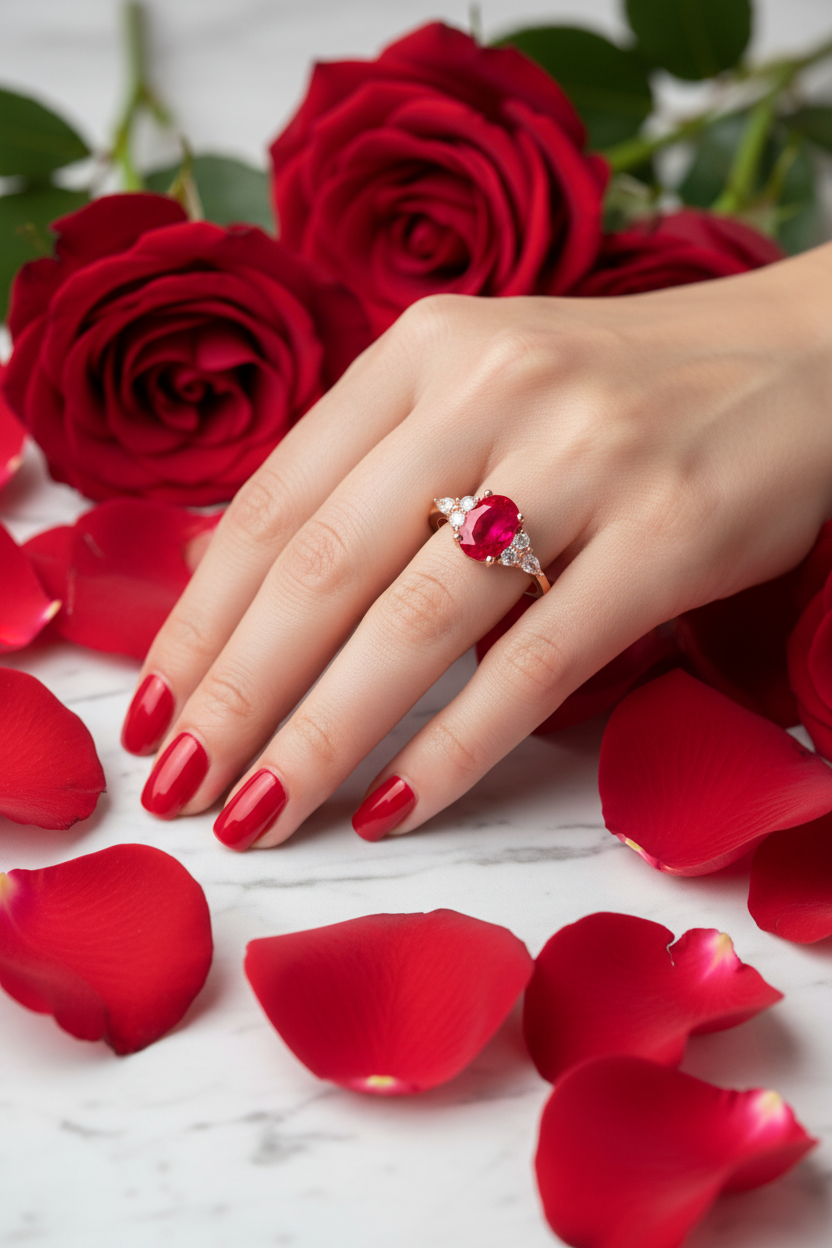 Rubinring Roségold mit Diamanten und roten Rosen