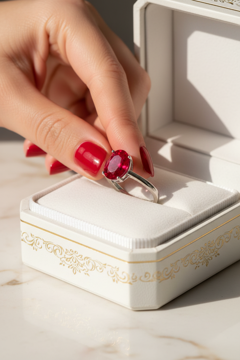 Rubinring Silber aus weißgoldener Box