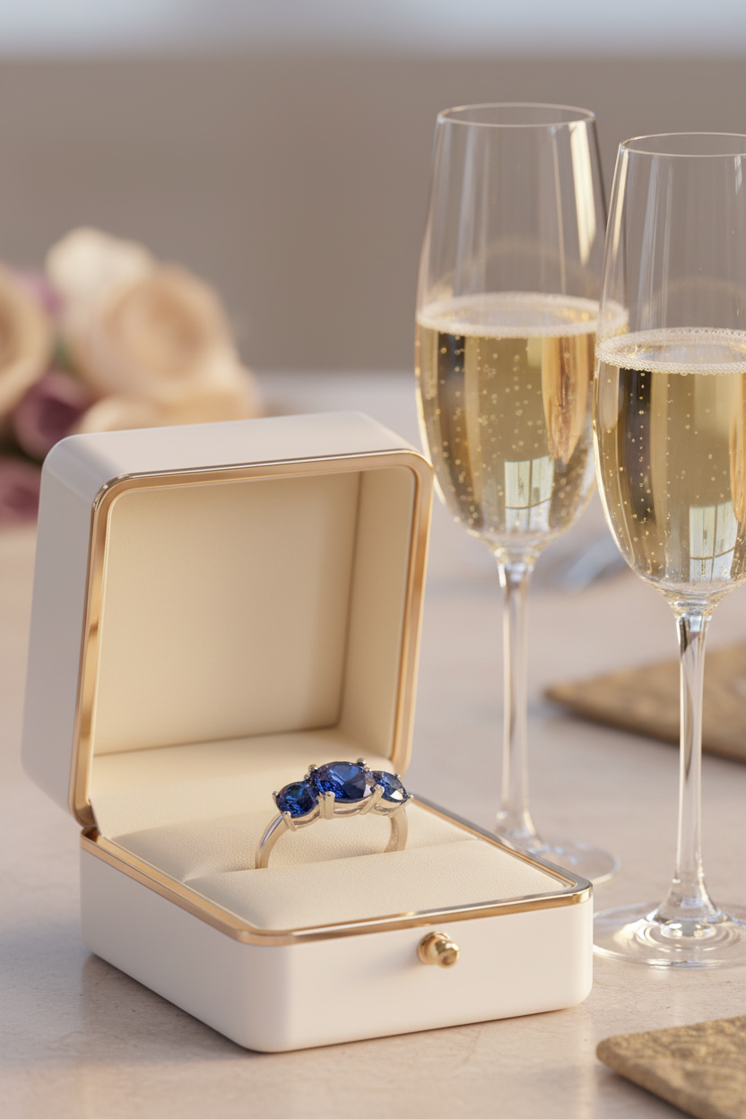 Saphirring in weißgoldener Box mit Champagner 2
