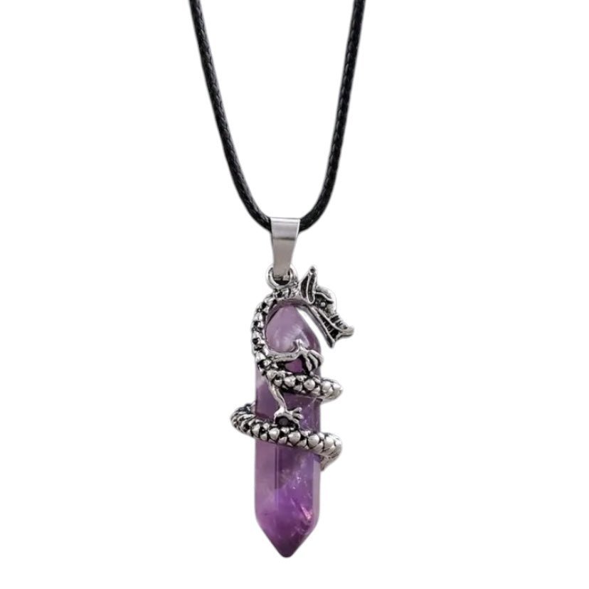 Schwarze Halskette mit Amethyst Doppelender, Drache - CrystalScents