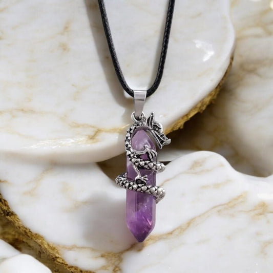 Schwarze Halskette mit Amethyst Doppelender, Drache - CrystalScents