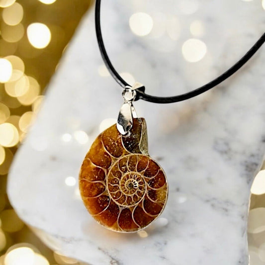 Schwarze Halskette mit Ammonit - Anhänger - CrystalScents