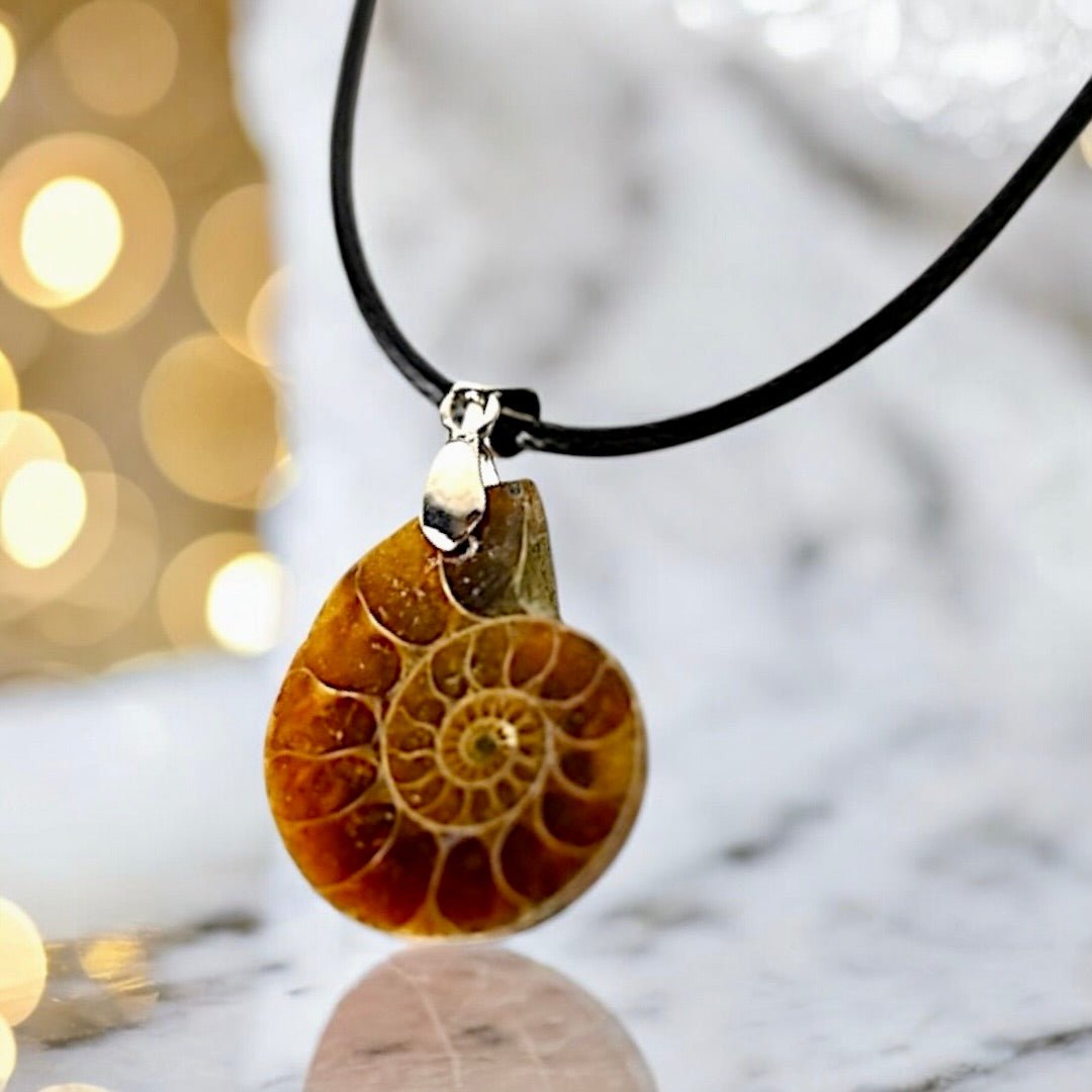 Schwarze Halskette mit Ammonit - Anhänger - CrystalScents