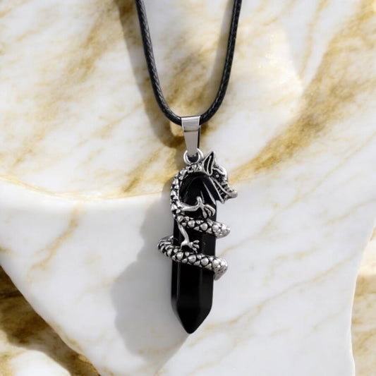 Schwarze Halskette mit Obsidian Doppelender, Drache - CrystalScents