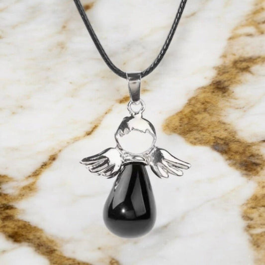 Schwarze Halskette mit Obsidian Engel - CrystalScents