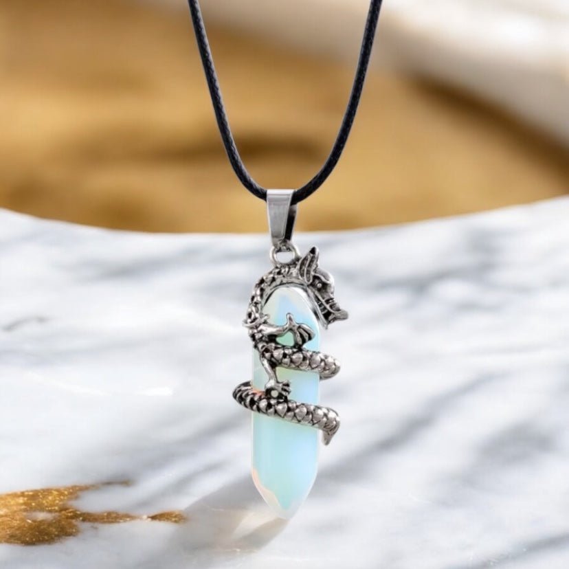 Schwarze Halskette mit Opalit Doppelender, Drache - CrystalScents