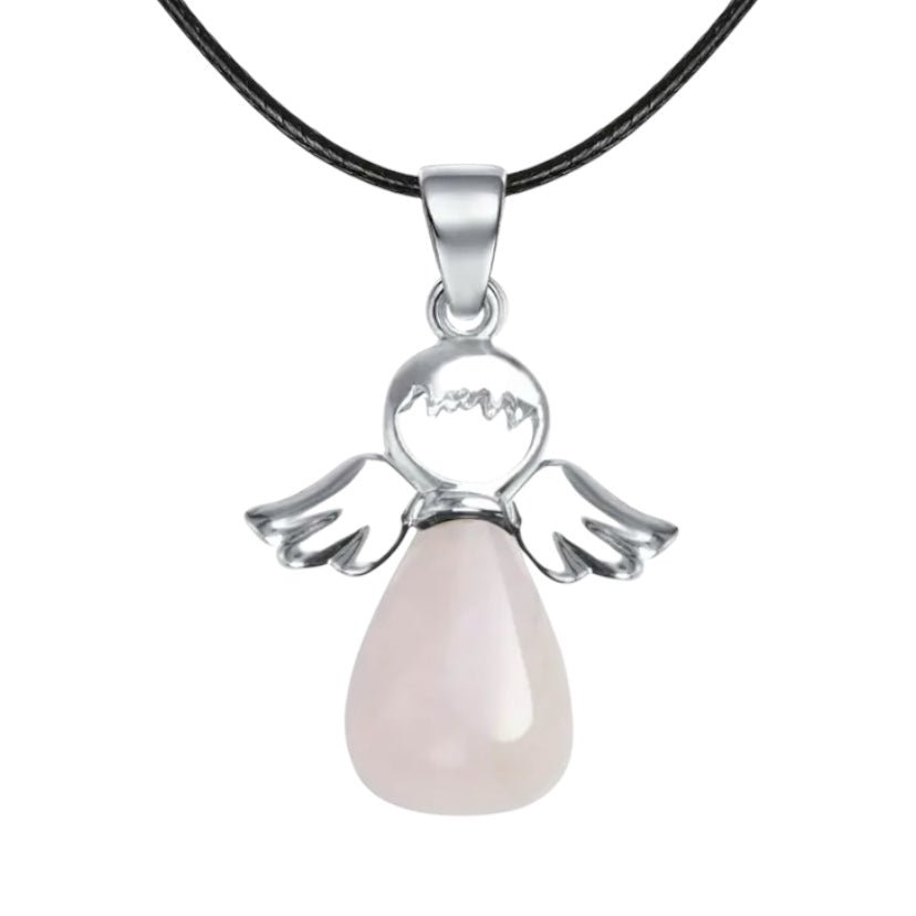 Schwarze Halskette mit Rosenquarz Engel - CrystalScents