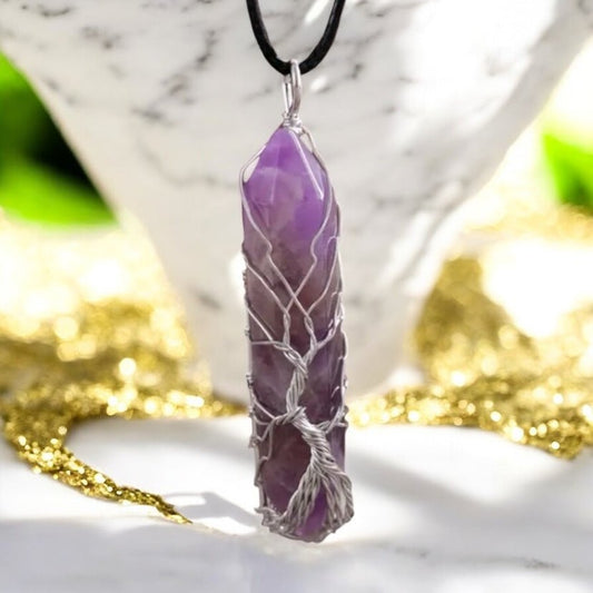 Schwarze Halskette mit silberverziertem Amethyst Doppelender - CrystalScents